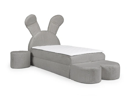 Łóżko kontynentalne Beti Plus 100x200 siwe uroczy unikatowy zagłówek w kształcie króliczka łózko z szafkami nocnymi i pufami