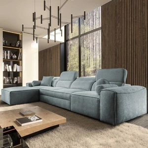 Narożnik z funkcją spania Viano XII szary błękit lewostronny narożnik o ciekawym kształcie regulowane zagłówki ozdobne poduszki