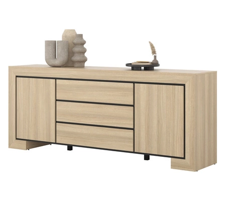 Komoda z szufladami Cuba 225 cm dąb samdal elegancka stylistyka komody wzbogacona o stylowe czarne dodatki idealna do salonu frezowane uchwyty