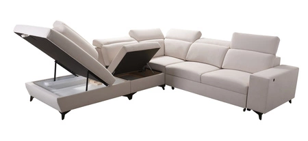 Narożnik z funkcją spania Kelly Sleek IX brązowy lewostronny stylowy narożnik z wygodnymi podłokietnikami i regulowanymi zagłówkami