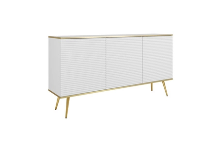 Komoda Luxury 160 cm biała elegancki design stylowe ryflowane fronty korpus komody zwieńczony złotą listwą złote metalowe nogi