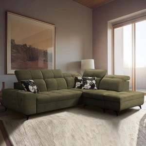 Narożnik z funkcją spania Buffalo VII oliwkowy prawostronny stylowy narożnik rozkładany z pojemnikami na pościel welurowa tkanina