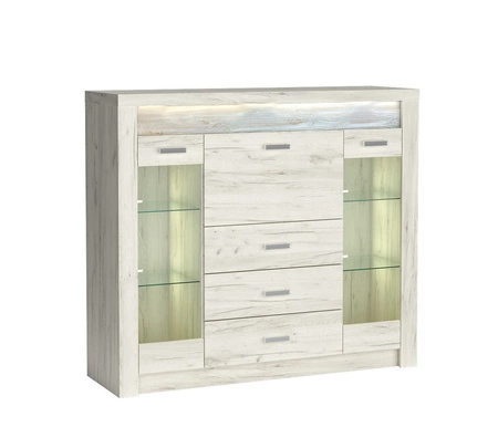 Komoda z szufladami Indiana 137 cm kraft biały elegancka stylistyka komody z przeszkleniem ozdobna deska na froncie komody oświetlona LED