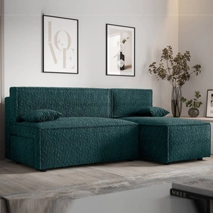 Narożnik z funkcją spania Brandon turkusowy prawostronny miękka tkanina o charakterystycznej pętelkowej powierzchni pojemnik na pościel