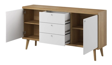 Komoda z szufladami Primo 160 cm dąb riviera / biała nowoczesny design w stylu skandynawskim obrzeża komody wykończone specjalną okleiną ABS