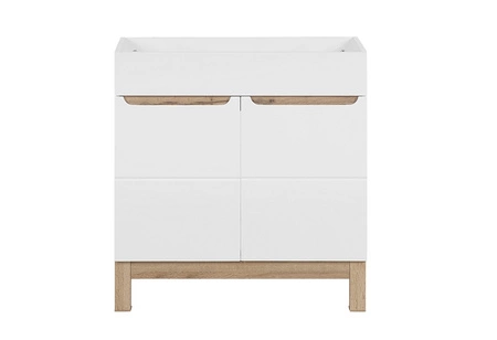 Szafka pod umywalkę Bali 80 cm biały połysk / dąb wotan nowoczesna szafka do łazienki osadzona na stabilnych nogach oryginalny design