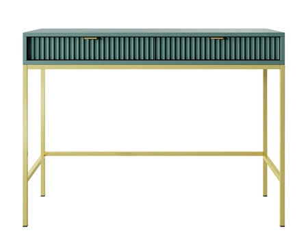 Konsola Lovro pastelowy zielony z szufladami stylowy oraz funkcjonalny mebel do przedpokoju salonu czy biura stelaż w złotym kolorze
