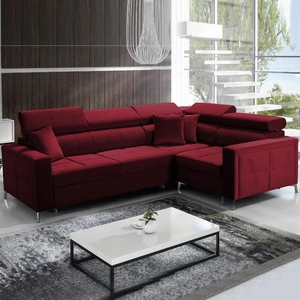 Narożnik z funkcją spania Nausa II bordowy prawostronny velvet dekoracyjne przeszycia na siedzisku narożnik z pojemnikiem na pościel