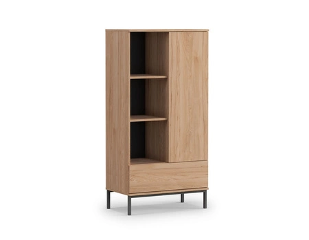 Regał Tutti 70 cm dąb hikora minimalistyczny design prosta forma mebla wsparta na metalowej podstawie pojemna szuflada push to open