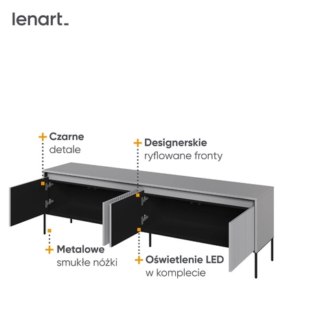 Szafka RTV Trend 193 cm szara nowoczesna szafka pod telewizor z metalową podstawą ryflowane fronty subtelne oświetlenie LED