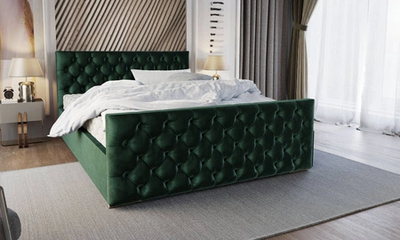 Łóżko tapicerowane Viamao 140x200 butelkowa zieleń z pojemnikiem w nowoczesnym skandynawskim stylu z pikowanym wezgłowiem oraz zanóżkiem