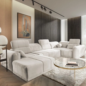 Narożnik z funkcją spania Cetara IV kremowy lewostronny stylowy design narożnika z przesuwanymi oparciami dwa pojemniki na pościel