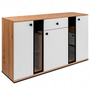 Komoda z szufladą Senja 140 cm dąb artisan / biała elegancki design ozdobny ryflowany front z metalowym uchwytem