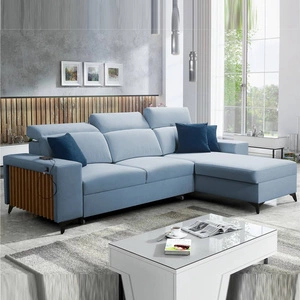 Narożnik z funkcją spania Kelly błękitny prawostronny velvet komfort i funkcjonalność bok narożnika wykończony lamelami