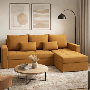 Narożnik z funkcją spania Fasti Bis musztardowy uniwersalny narożnik z pojemnikiem na pościel gwarancja najwyższego komfortu