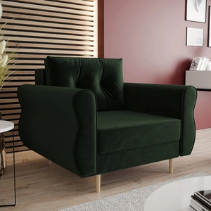 Fotel Wilkins butelkowa zieleń elegancki fotel do salonu z obszernym i miękkim siedziskiem drewniane nóżki nadają wizualnej lekkości