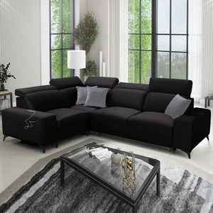Narożnik z funkcją spania Kelly Sleek II czarny lewostronny elegancki narożnik do salonu wykonany z miękkiej tkaniny typu velvet