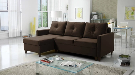 Narożnik z funkcją spania Terni brązowy lewostronny praktyczny i funkcjonalny narożnik wyposażony w pojemne pojemniki na pościel