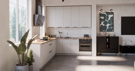 Zestaw mebli kuchennych narożny Corato Wh 290x230 cm stylowe szafki kuchenne z frontami wykonanymi w technologii anti fingerprint