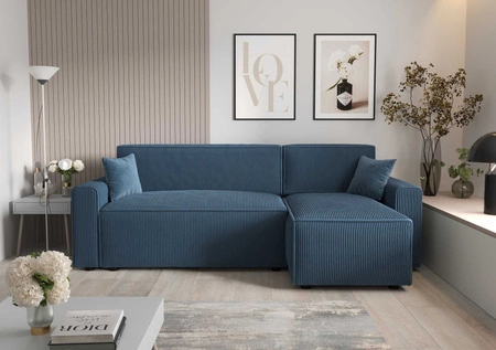 Narożnik z funkcją spania Brandon Bis niebieski prawostronny trójwymiarowa tkanina o wyrazistych prążkach pojemnik na pościel