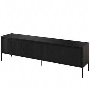 Szafka RTV Trend 193 cm czarna nowoczesna szafka pod telewizor z metalową podstawą ryflowane fronty subtelne oświetlenie LED