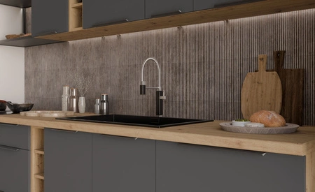 Zestaw mebli kuchennych Aversa Ar 255 cm stylowe szafki kuchenne z frontami wykonanymi w technologii anti fingerprint metalowe uchwyty