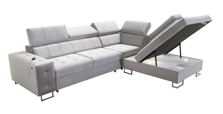 Narożnik z funkcją spania Hampton VII bordowy prawostronny narożnik do pokoju wykonany z aksamitnej tkaniny o gładkiej powierzchni