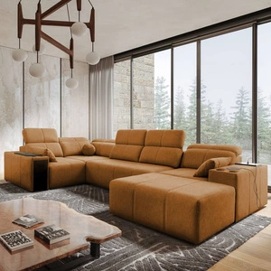 Narożnik z funkcją spania Tesalia IV miodowy prawostronny komfortowy narożnik do salonu z innowacyjną funkcją przesuwanego oparcia