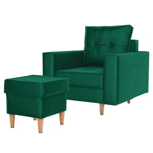 Fotel z podnóżkiem Vaso butelkowa zieleń wygodny fotel do salonu tkanina velvet miękkie siedzisko wysokie drewniane nogi