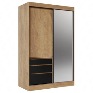 Szafa przesuwna z lustrem Haidar 140 cm dąb lefkas / czarny funkcjonalna szafa z szufladami doskonała do mniejszych pomieszczeń