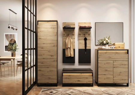 Komoda z szufladami Quant 92 cm dąb artisan / czarny nowoczesna komoda w stylu loftowym z oświetleniem LED idealna do przedpokoju