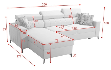 Narożnik z funkcją spania Savona szary popiel / biały lewostronny elegancki narożnik regulowane zagłówki dekoracyjne przeszycia