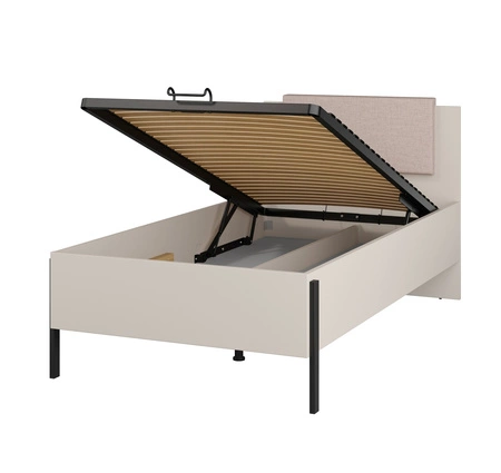 Łóżko Jukon S 100x200 cm beżowe z pojemnikiem nowoczesny styl idealne łóżko do pokoju nastolatka na wysokich nogach z tapicerowanym zagłówkiem