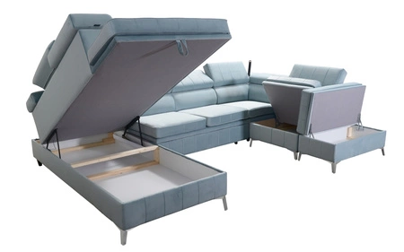 Narożnik z funkcją spania Rava VIII lazurowy lewostronny elegancki design gustowna bryła z gwarancją komfortu miękka tkanina
