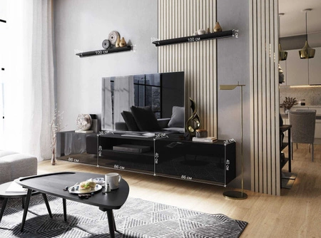 Szafka RTV wisząca Ekali 258 cm czarna / czarny połysk z półkami elegancki i stylowy design wpisujący się w każde wnętrze
