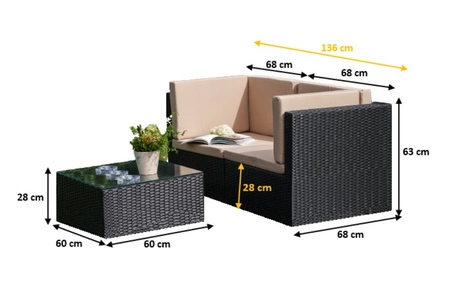 Zestaw mebli ogrodowych Pieno czarny nowoczesne wzornictwo stylowy design niewielkich wymiarów sofa ze stolikiem idealna na balkon