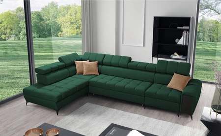 Narożnik z funkcją spania Bolmso XI zielony lewostronny stylowy design narożnik rozkładany z szufladą i pojemnikami na pościel