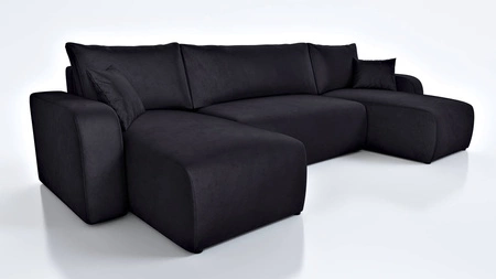 Narożnik z funkcją spania Fiesta U czarny stylowy narożnik o ciekawym kształcie wytrzymała pluszowa tkanina pojemnik na pościel