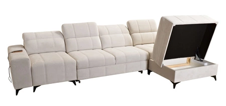 Narożnik z funkcją spania Penejos XII oliwkowy prawostronny stylowy narożnik z pojemnikami na pościel komfortowe regulowane zagłówki