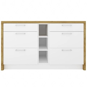 Wyspa kuchenna z szufladami Vita 147 cm dąb artisan / biały połysk nowoczesna wolnostojąca wyspa kuchenna stylowe otwarte półki