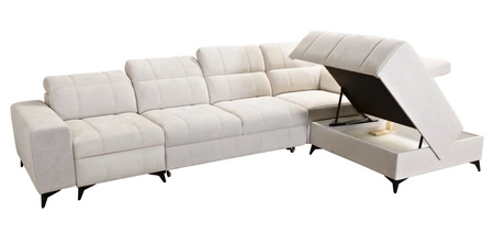 Narożnik z funkcją spania Penejos XI Lux niebieski prawostronny stylowy narożnik rozkładany z komfortowym wysuwanym podnóżkiem