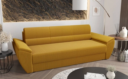 Kanapa rozkładana Fogu Bis miodowa stylowa sofa z komfortowymi podłokietnikami sztruksowa tkanina obiciowa pojemnik na pościel