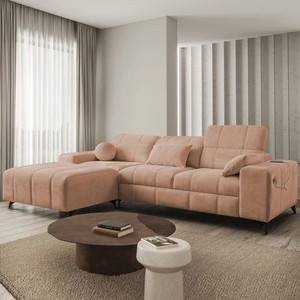 Narożnik z funkcją spania Penejos łososiowy lewostronny elegancki narożnik z pojemnikiem na pościel komfortowe regulowane zagłówki