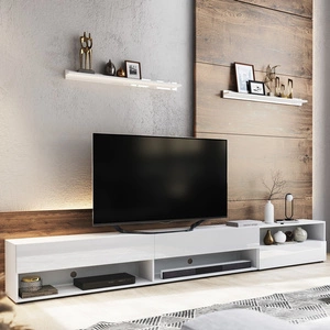 Szafka RTV Lawrio 266 cm biała / biały połysk z możliwością powieszenia i półkami stylowy design wpisujący się w każde wnętrze