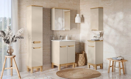 Szafka łazienkowa wisząca z lustrem Bali 60 cm beżowy / dąb wotan elegancka szafka doskonale zagospodarowuje przestrzeń nad umywalką