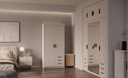 Szafa Rene 90 cm beż piaskowy nowoczesny design obrzeża wykończone ABS idealna szafa do sypialni lub garderoby pojemne szuflady