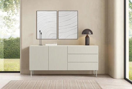 Zestaw mebli Muti beżowy designerska meblościanka do salonu efektowne ryflowania na frontach i korpusach mebli system push to open