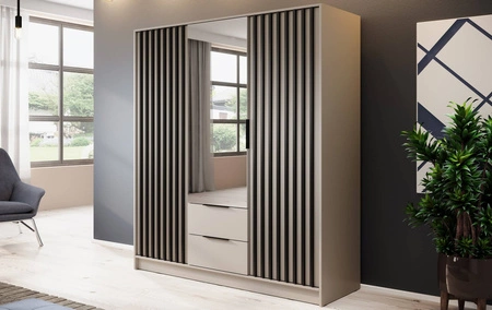 Szafa z lustrem Aspen 155 cm beżowa / czarne lamele nowoczesny design mebla drzwi szafy ozdobione lamelami