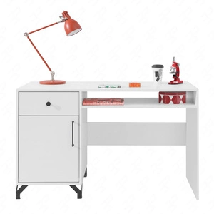 Biurko z szufladą Skien 125 cm biały połysk elegancka stylistyka prosta forma mebla wzbogacona o stylowe metalowe elementy czarne nogi