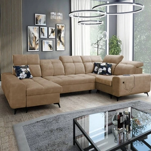 Narożnik z funkcją spania Buffalo IV ciemny beżowy lewostronny narożnik rozkładany z dwoma pojemnikami na pościel welurowa tkanina